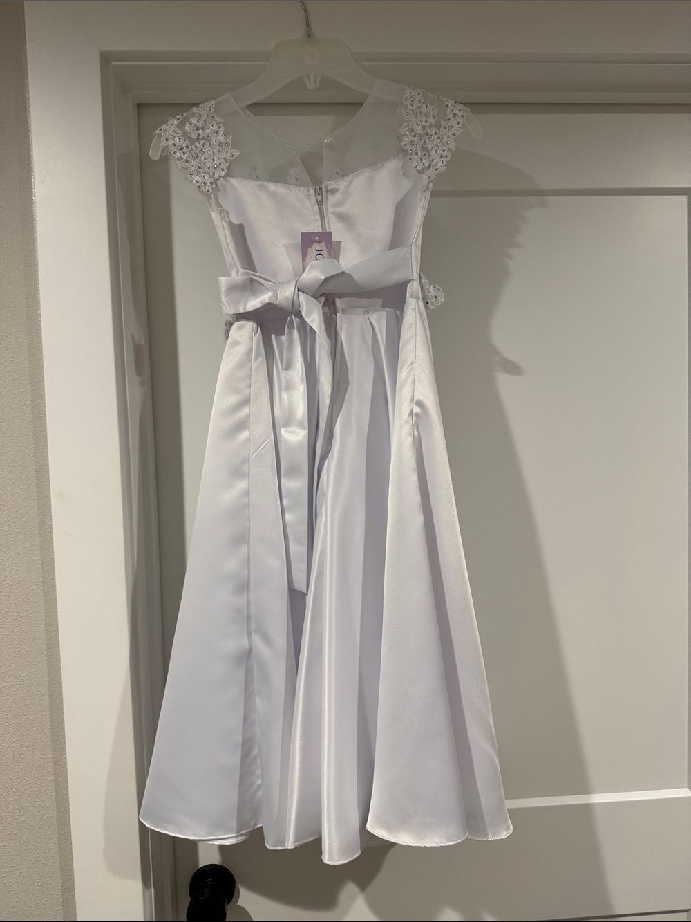 White Floral Appliqué Girls' Satin Party Dress - Picture 2 of 4